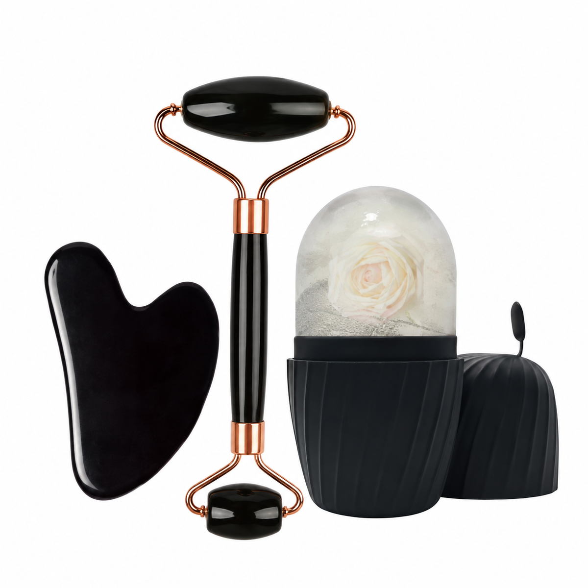 Black facial ritual set with dual-ended roller, gua sha and ice mold