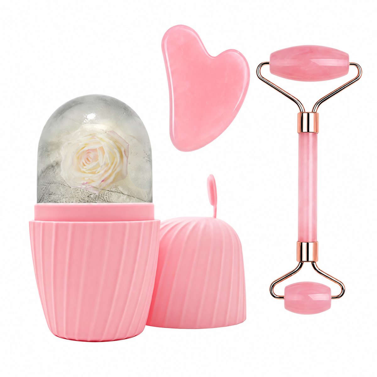 Pink facial ritual set with dual-ended roller, gua sha and ice mold